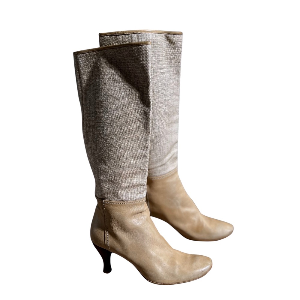 Women's Italian Made Beige Leather & Linen Tall Boots Size 39½ Heel Zip